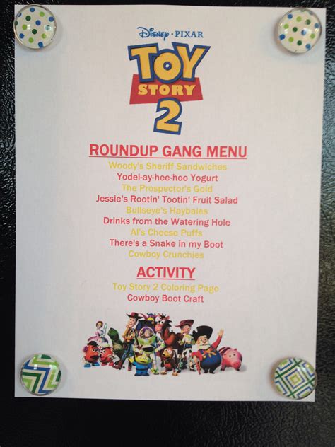 Toy Story 2 Menu Roundup Gang Menu Toy Story 2 Movie Night Disney