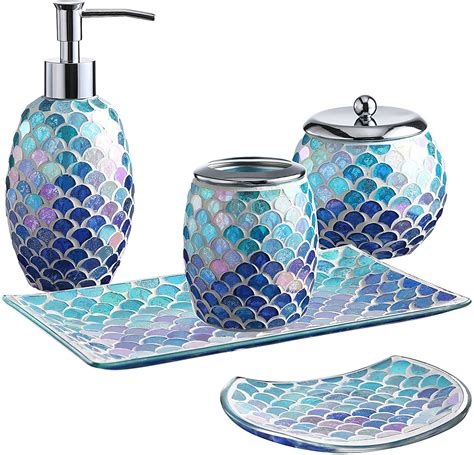 WHOLE HOUSEWARES 5-Pieces Bathroom Accessory Set Bright-Colored Mosaic Glass Bath Ensemble ...