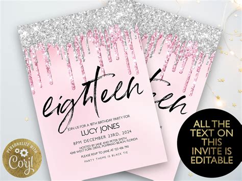 Editable Th Birthday Party Invitation Th Invite Pink Etsy UK