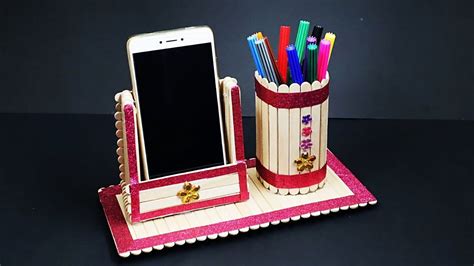 Popsicle stick crafts popsicle stick craft ideas mobile phone holder mobile phone stand. DIY Pen Stand and Mobile Phone Holder With Icecream Sticks ...