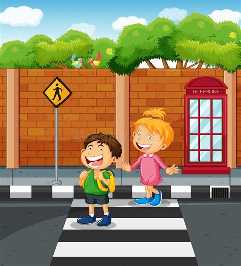 Two Kids Crossing The Street Stock Vector Illustration Of Street