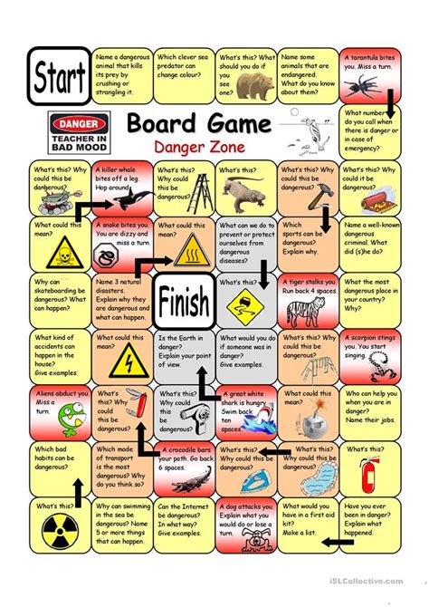Put the students into teams. Board Game - Danger Zone worksheet - Free ESL printable ...