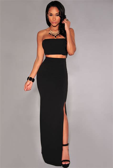 Black Strapless Slit Maxi Two Piece Skirt Set 026040 Available