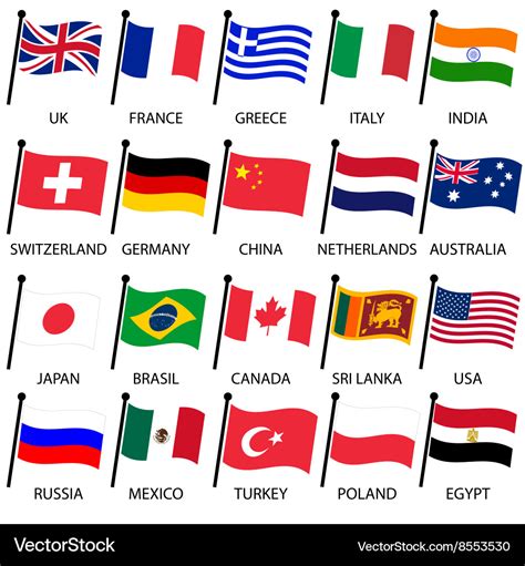 Simple Color Curved Flags Of Different Country Vector Image
