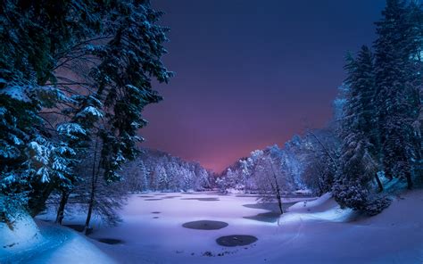 Fondos De Pantalla 3840x2400 Invierno Lago Bosques Nieve Noche