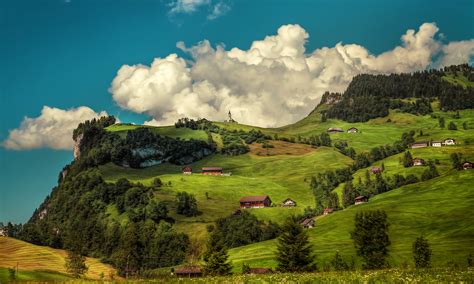 Switzerland Mountains Forests Houses Grasslands Scenery Hdr