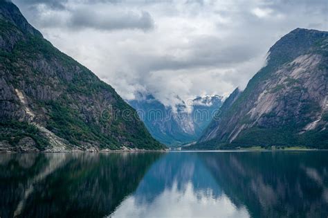 Norway Fjord Scenic Landscape Of Eidfjord With Mountain Reflections On