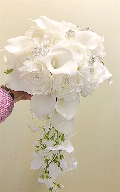 Bridal White Brooch Bouquet Wisteria Bouquet Cascading Rose Etsy