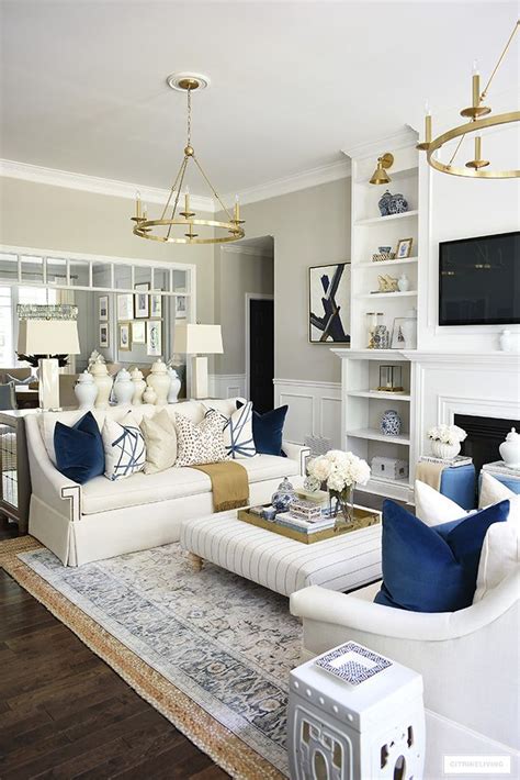 Fall Living Room Decorating With Navy Blue Brown Cream And Gold