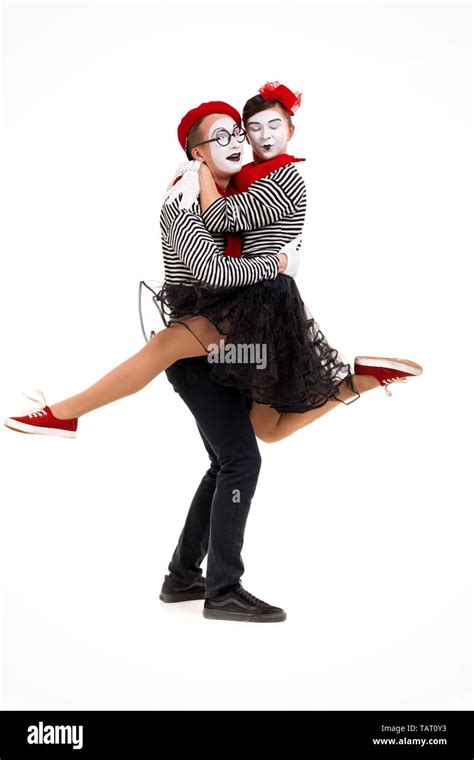 Smiling Mimes In Striped Shirts Man And Woman Dancing Isolated On