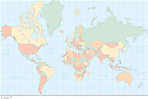 World Mercator Projection Map With Country Outlines I