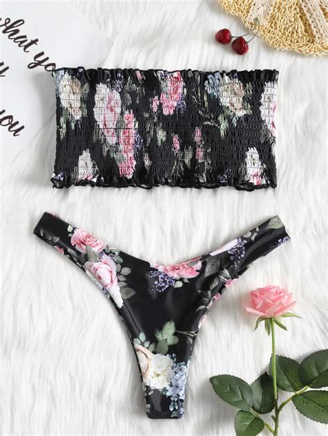 Zaful Strapless Smocked Bikini Top With Floral Bottoms Women Bikini Set
