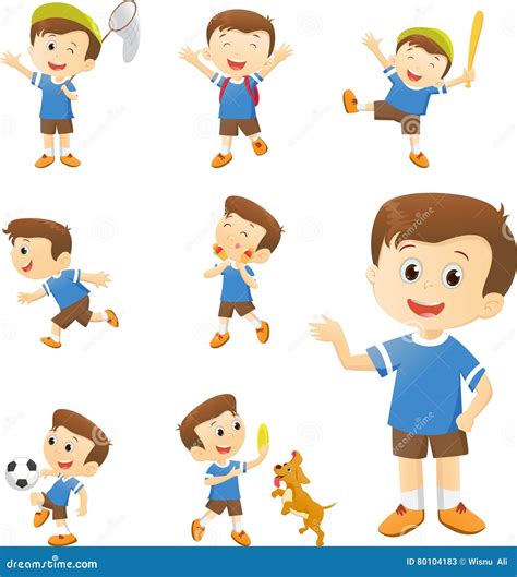 Illustration Of Cute Boy Cartoon Character In Many Action