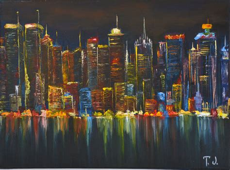 Night City Painting Oil On Canvas Palette Knife Landscape пейзаж ночь