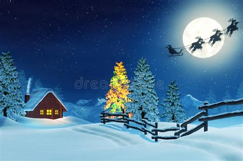Cabin Christmas Tree And Santa In Winter Landscape At Night Stock