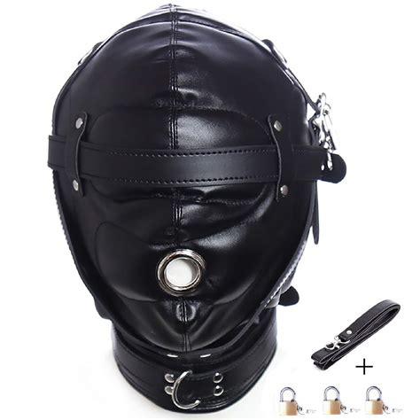 Leather Bondage Gimp Mask Hood Black Full Face Blindfold Breathable