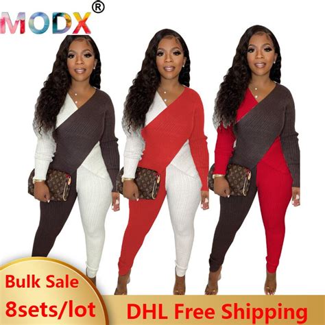 2 Two Piece Sets Women Skinny Outfits Sexy Ribbed Patchwork Long Sleeve