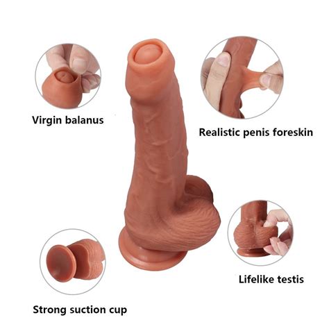Buy Foreskin Uncut Dual Layered Silicone Realistic Penis Dildo 8 Inches