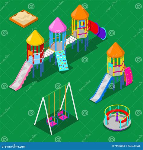 Isometric Children Playground Elements Sweengs Carousel Slide And