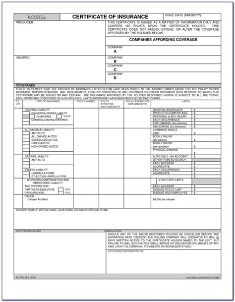 Certificate Of Liability Insurance Form Acord 25 Form In Acord