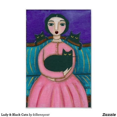 Lady And Black Cats Poster Cat Art Illustration Folk Art Cat Black