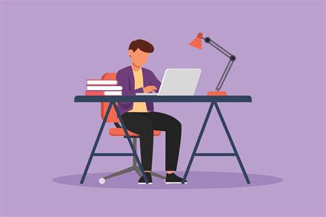 Character Flat Drawing Young Male Studying With Laptop Desk Lamp Pile
