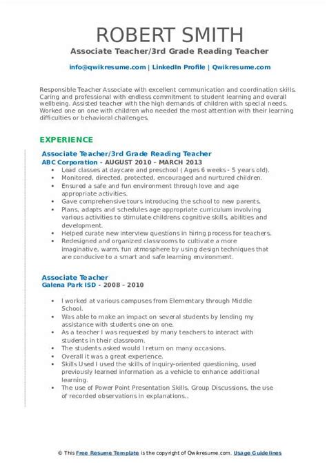 The following is a free example of an english teacher resume that you can copy and edit for your needs. Associate Teacher Resume Samples | QwikResume