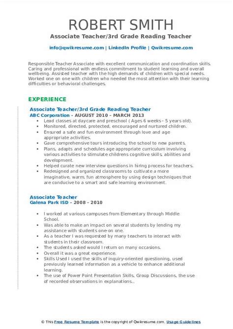 Sample job descriptions & responsibility. Associate Teacher Resume Samples | QwikResume