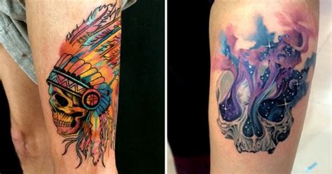 These Watercolor Skull Tattoos Come To Life With Bright Vivid Colorful