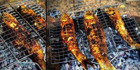 Whole Fish On Charcoal Grill Fish Bbq In Bushcraft Style Cooking