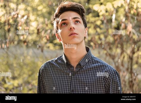 Pensive Faithful Teenage Boy Looking Up Hoping Stock Photo Alamy