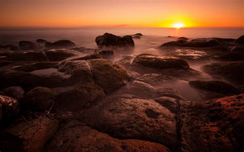Sunset Ocean Rocks Stones Beaches Wallpapers Hd Desktop And