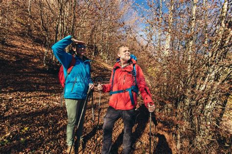 Mature Couple Hiking Along Forest Path Together Stock Image Image Of
