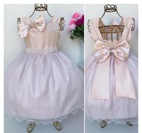 Vestido Infantil Nude Luxo Princesa Laço Cinto Pérolas Rosa Charmosa