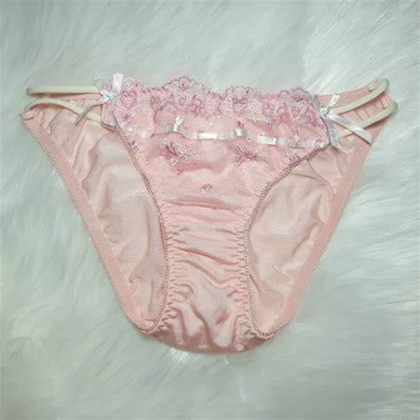 Vintage Sheer Nylon Panties Peach Pink Bikini Double String Sz Small