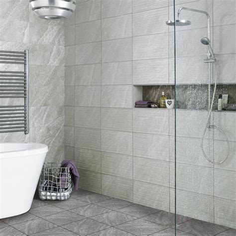 Tiles and flooring varying options for bathroom, terrace, kitchen, outdoors, swimming pool area, balcony or passage area available from hr johnson. Diana Wave Grey Ceramic Wall Bathroom Tiles 248X498 (Box of 8)