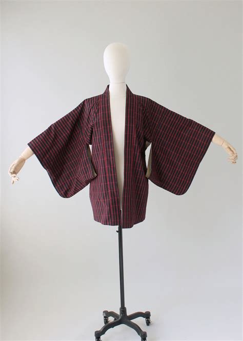 Vintage 1960s Red And Black Check Haori Kimono Jacket Raleigh Vintage