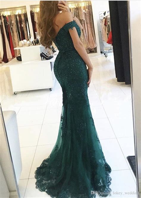 Forest Green Mermaid Prom Dresses 2018 Lace Applique Sequins Off The