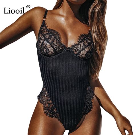 Liooil Sexy Club Lace Bodysuit Patchwork Sleeveless Deep V Neck Striped See Through Women