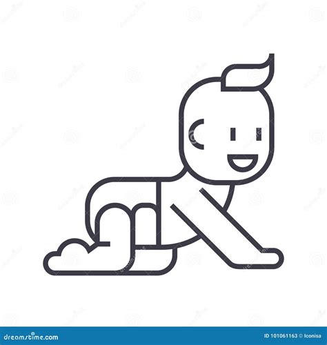 Newborn Crawling In Pampers Vector Line Icon Sign Illustration On