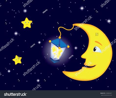 Cartoon Moonlit Night Smiling Moon Stars Stock Vector