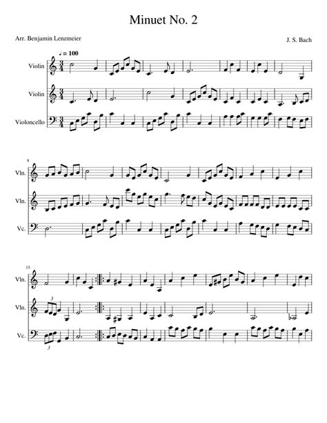 Minuet No 2 J S Bach Arranged For Solo Cello And Two Violins Sheet