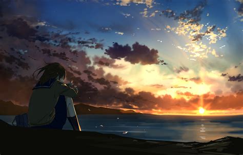Wallpaper Sunset Anime Art Girl Sitting Images For Desktop Section