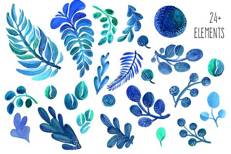 Blue Leaves Watercolor Set By Margarita Mizera Thehungryjpeg