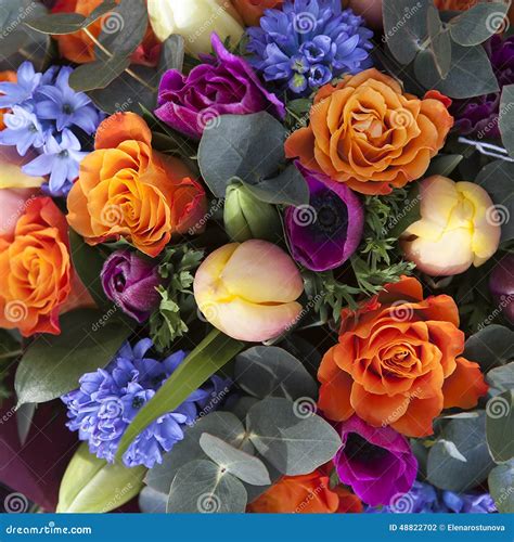 Bouquet Of Colorful Spring Flowers Tulip Ranunculus Hyacinth Daisy