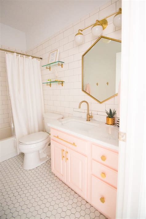 Modern Glam Blush Girls Bathroom Design Gold Hexagon Mirror Blush