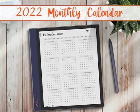 Boox Note Air Templates 2022 Yearly And Monthly Calendar Etsy