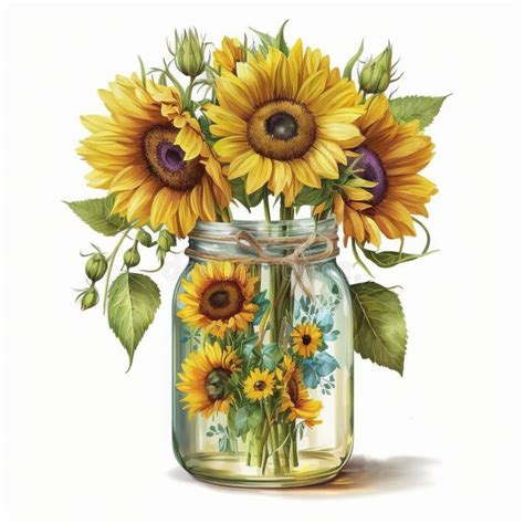 Spring Sunflowers Bouquet In Mason Jar Watercolor Illustration