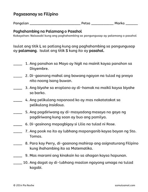 Pdf Pagsasanay Sa Filipino Samut Samot Free Printable Worksheets For