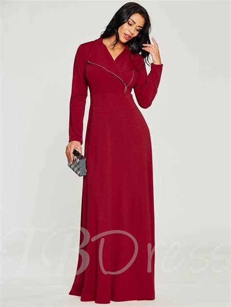 Red Long Sleeve Plain Zipper Womens Maxi Dress Womens Maxi Dresses